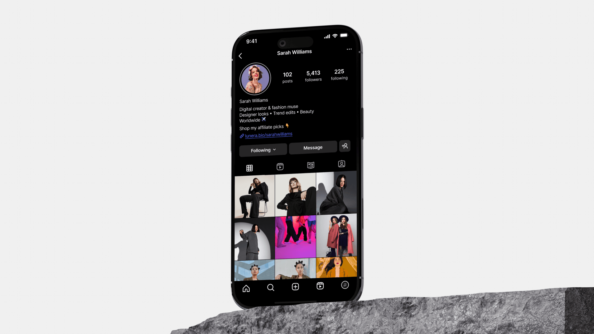 Phone showing an Instagram profile with a bio link