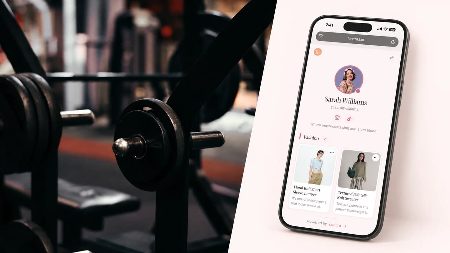 Photo illustration combining a real gym dumbbell rack with a Lunera phone mockup