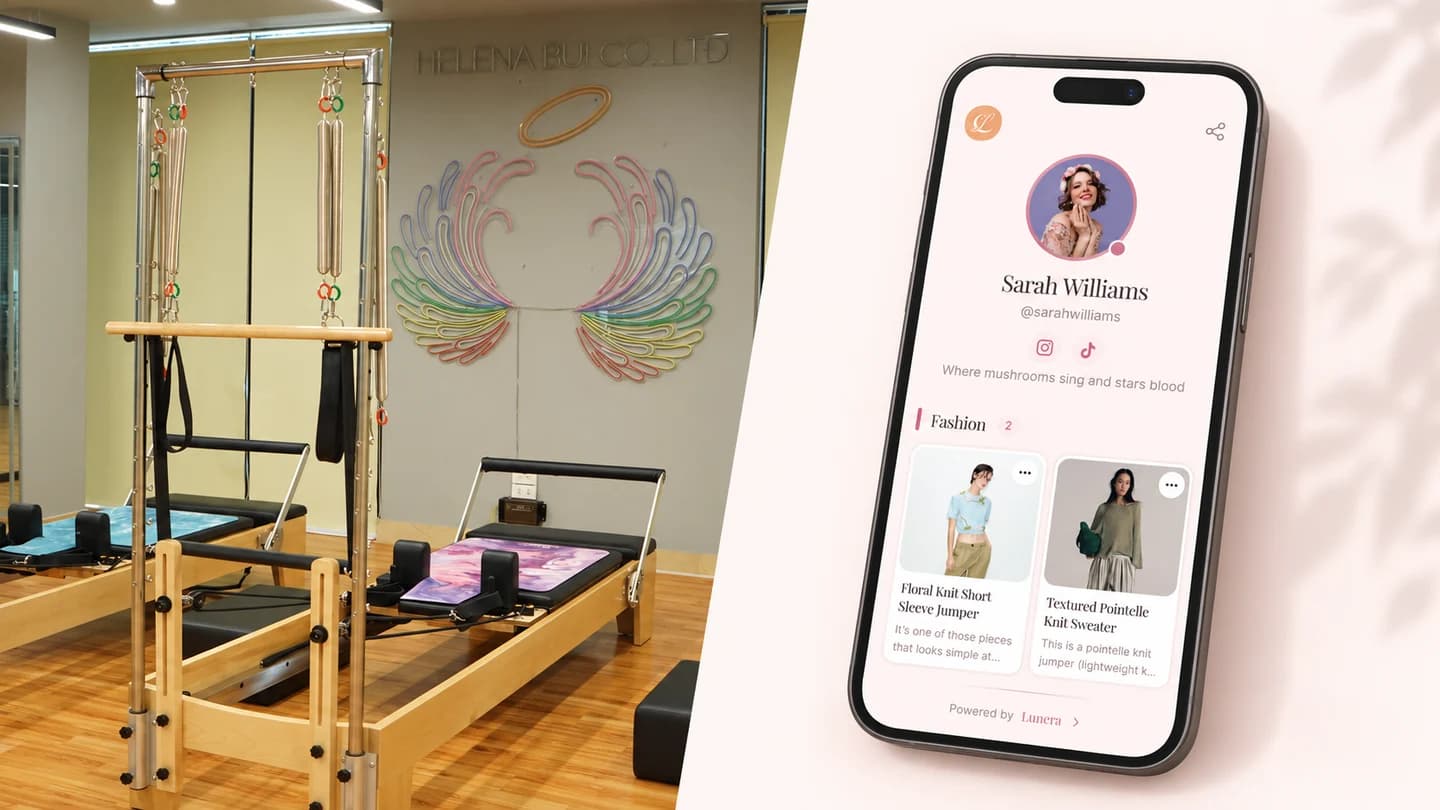 Photo illustration combining a real Pilates reformer studio with a Lunera phone mockup